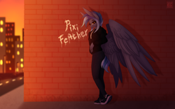 Size: 3456x2160 | Tagged: safe, artist:elektra-gertly, oc, oc only, oc:pixi feather, pegasus, anthro, black eyeshadow, black socks, blue hair, blue tail, breasts, city, clothes, denim, evening, eyeshadow, female, graffiti, high res, hoodie, jeans, lantern, looking at you, makeup, pants, pegasus oc, road, shoes, short tail, sneakers, socks, solo, sunset, tail, wings, yellow eyes