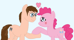 Size: 828x443 | Tagged: safe, artist:thebronypony123, pinkie pie, oc, oc:braden, earth pony, pony, g4, canon x oc, female, heart, holding hooves, male, straight