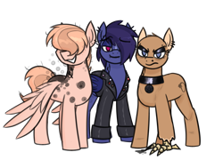 Size: 2758x1986 | Tagged: safe, artist:moonatik, oc, oc only, oc:boiling point, oc:calea, oc:mutual exchange, bat pony, earth pony, pegasus, pony, bat pony oc, claw, clothes, collar, ear piercing, earring, earth pony oc, eyebrow piercing, eyeshadow, hammer and sickle, jacket, jewelry, leather, leather jacket, looking at you, makeup, mascara, mutation, nose piercing, pegasus oc, piercing, pins, pride, pride flag, simple background, transgender pride flag, transparent background