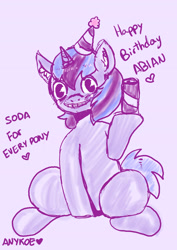Size: 2480x3508 | Tagged: safe, artist:anykoe, oc, oc only, oc:smile soda, pony, unicorn, drink, gift art, happy birthday, hat, high res, looking at you, male, party hat, purple background, simple background, sketch, smiling, smiling at you, soda, soda can, solo, text