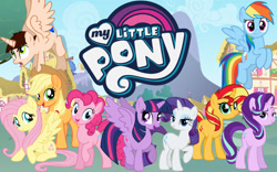 Size: 900x563 | Tagged: safe, artist:crazychris622, applejack, fluttershy, pinkie pie, rainbow dash, rarity, starlight glimmer, sunset shimmer, twilight sparkle, oc, oc:crazy chris, alicorn, earth pony, pegasus, pony, unicorn, g4, male, mane nine, my little pony logo, ponyville, twilight sparkle (alicorn)