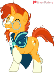 Size: 3007x4000 | Tagged: safe, artist:frownfactory, sunburst, pony, unicorn, g4, season 8, the parent map, cape, clothes, coat markings, cute, excited, eyes closed, glasses, horn, male, simple background, socks (coat markings), solo, stallion, sunbetes, transparent background, vector
