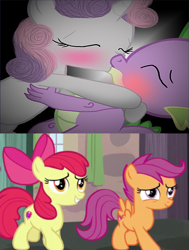 Size: 783x1034 | Tagged: safe, artist:dr-siren, edit, screencap, apple bloom, scootaloo, spike, sweetie belle, dragon, earth pony, pegasus, unicorn, g4, hard to say anything, blushing, cute, cutie mark crusaders, daaaaaaaaaaaw, female, kiss on the lips, kissing, male, reaction, ship:spikebelle, shipping, straight