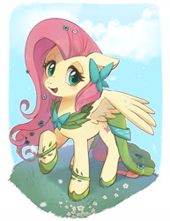 Size: 1700x2200 | Tagged: safe, artist:hosikawa, fluttershy, pegasus, pony, g4, clothes, cute, dress, female, floppy ears, flower, flower in hair, gala dress, lidded eyes, mare, open mouth, partially open wings, passepartout, shyabetes, sky, smiling, solo, wings