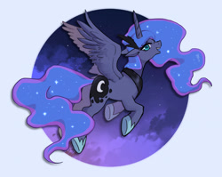 Size: 1168x932 | Tagged: safe, artist:hosikawa, princess luna, alicorn, pony, g4, circle background, ethereal mane, ethereal tail, female, flying, jewelry, looking at you, looking back, looking back at you, mare, night, night sky, open mouth, sky, smiling, solo, spread wings, tail, tiara, wings