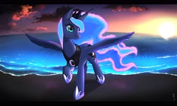 Size: 3238x1943 | Tagged: safe, artist:hosikawa, princess luna, alicorn, pony, g4, beach, black bars, ethereal mane, ethereal tail, female, glowing mane, jewelry, mare, ocean, scenery, scenery porn, smiling, solo, spread wings, sunset, tail, tiara, water, wings