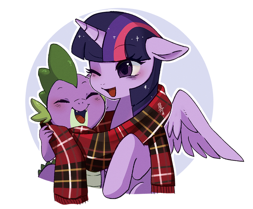 [alicorn,clothes,cute,daaaaaaaaaaaw,dragon,duo,eyes closed,female,g4,male,mama twilight,mare,open mouth,pony,safe,scarf,spike,twilight sparkle,wings,spikelove,one eye closed,twiabetes,spikabetes,smiling,shared clothing,shared scarf,artist:hosikawa,duo male and female,partially open wings]