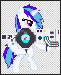 Size: 437x542 | Tagged: safe, dj pon-3, vinyl scratch, fighting is magic, fighting is magic aurora, g4, alpha channel, checkered background, dubstep gun, pixel art, recolor, solo, sprite