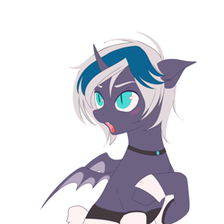 Size: 3072x3072 | Tagged: safe, artist:cryweas, oc, oc only, oc:elizabat stormfeather, alicorn, bat pony, bat pony alicorn, pony, alicorn oc, bat pony oc, bat wings, blushing, choker, clothes, curved horn, dress, fangs, female, high res, horn, maid, mare, open mouth, simple background, solo, white background, wings