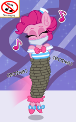 Size: 635x1024 | Tagged: dead source, safe, artist:captainponyboy1999, artist:snakeythingy, edit, pinkie pie, earth pony, anthro, g4, the best night ever, 1000 hours in ms paint, art theft, blushing, bondage, bouncing, bound and gagged, breasts, cloth gag, clothes, dress, ear fluff, eyes closed, female, gag, gala dress, grand galloping gala, happy, happy bondage, music notes, rope, rope bondage, ropes, sign, solo, story included, tied up