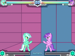 Size: 640x480 | Tagged: safe, artist:alethila, lyra heartstrings, pony, unicorn, fighting is magic, fighting is magic aurora, g4, bipedal, duo, female, game screencap, mare, palette swap, recolor