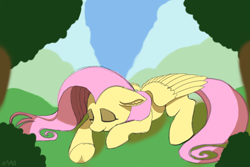 Size: 3072x2048 | Tagged: safe, artist:maonyman, fluttershy, pegasus, pony, g4, bush, ear fluff, eyes closed, eyeshadow, female, floppy ears, forest, high res, makeup, mare, mountain, nature, partially open wings, sleeping, solo, tree, underhoof, wings