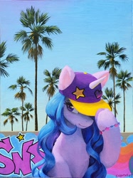 Size: 1606x2149 | Tagged: safe, artist:katputze, izzy moonbow, pony, unicorn, g5, baseball cap, cap, female, graffiti, hat, mare, oil painting, palm tree, sneaksy, solo, traditional art, tree