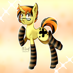 Size: 2500x2500 | Tagged: safe, artist:mitexcel, oc, oc only, oc:merille artienda, pony, unicorn, brown eyes, clothes, glasses, gradient background, high res, nonbinary, nonbinary pony, orange mane, orange tail, ponysona, short hair, short tail, socks, solo, stockings, striped socks, tail, thigh highs, yellow coat