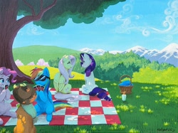 Size: 2186x1632 | Tagged: safe, artist:katputze, applejack, fluttershy, pinkie pie, rainbow dash, rarity, earth pony, pegasus, pony, unicorn, g4, basket, card, dappled sunlight, facing away, female, grin, hoof hold, mare, oil painting, open mouth, open smile, picnic, picnic basket, picnic blanket, remane five, scenery, shade, sitting, smiling, sunglasses, traditional art, tree, uno