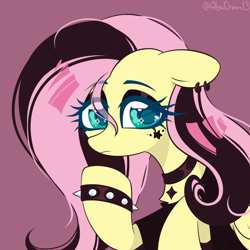 Size: 1920x1920 | Tagged: safe, artist:alyachan13, fluttershy, pegasus, pony, g4, choker, chokershy, clothes, cute, ear piercing, earring, emoshy, jewelry, piercing, purple background, shyabetes, simple background, solo, studded bracelet