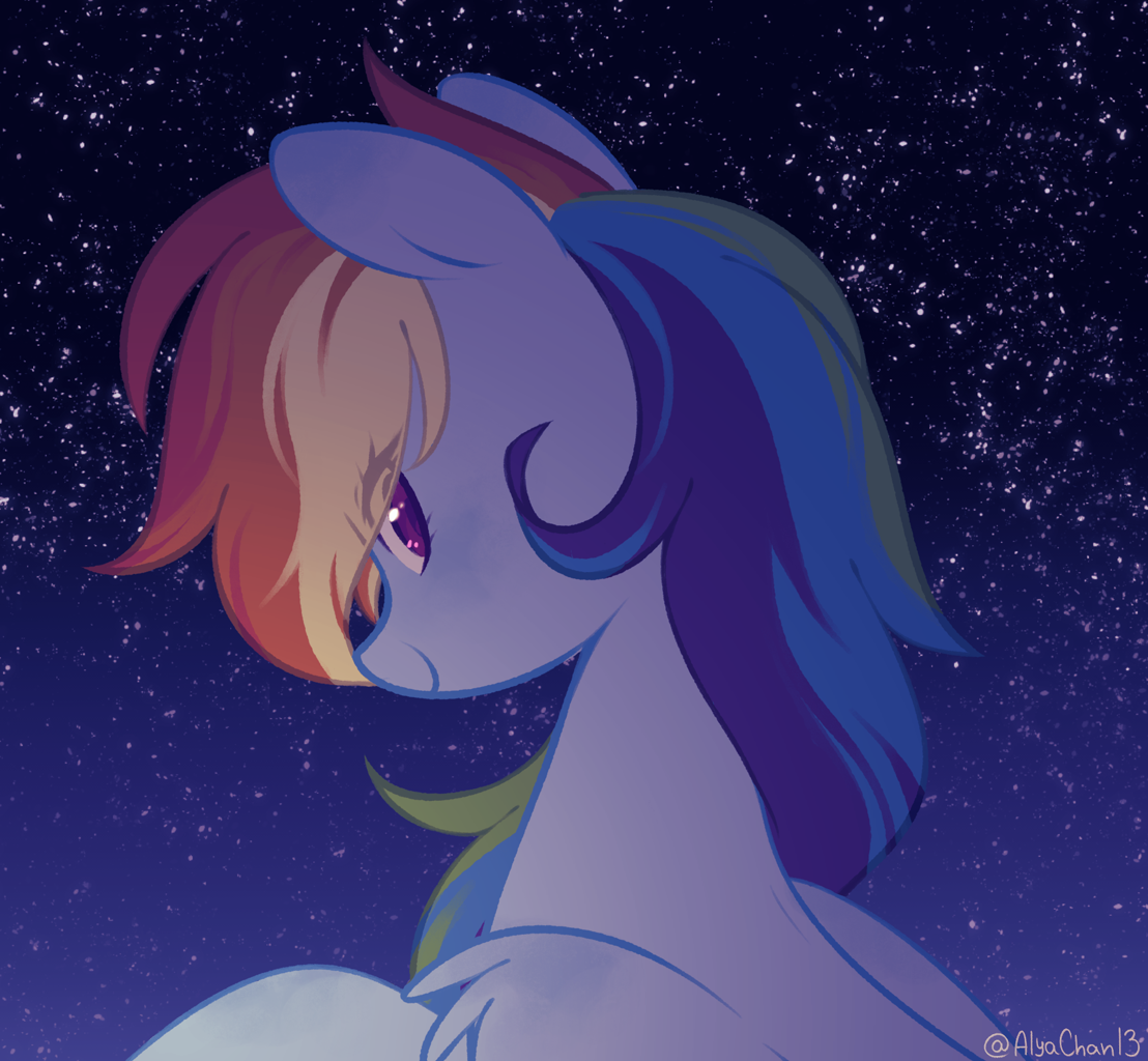 [female,looking at you,looking back,mare,night,pegasus,pony,rainbow dash,safe,solo,starry night,stars,gradient background,lidded eyes,looking back at you,blue background,smiling,closed mouth,artist:alyachan13]