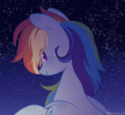 Size: 1796x1660 | Tagged: safe, artist:alyachan13, rainbow dash, pegasus, pony, g4, blue background, closed mouth, eye clipping through hair, female, gradient background, lidded eyes, looking at you, looking back, looking back at you, mare, night, smiling, solo, starry night, stars