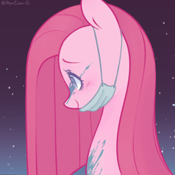 Size: 1600x1600 | Tagged: safe, artist:alyachan13, pinkie pie, earth pony, pony, g4, blush lines, blushing, bust, closed mouth, face mask, female, gradient background, mare, mask, pinkamena diane pie, profile, smiling, solo