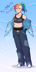 Size: 1184x2369 | Tagged: safe, artist:kutapikakun, rainbow dash, human, pegasus, g4, bandage, bare shoulders, belly button, clothes, converse, denim, feathered wings, female, fingerless gloves, gloves, hand in pocket, humanized, jacket, jeans, looking at you, oversized clothes, pants, patch, ponytail, shoes, smiling, smiling at you, sneakers, solo, sports bra, tomboy, winged humanization, wings
