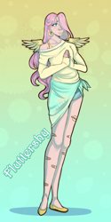 Size: 1184x2369 | Tagged: safe, artist:kutapikakun, fluttershy, human, g4, bandage, bandaid, bokeh, clothes, denim, denim shorts, ear piercing, earring, eyelashes, feathered wings, female, flats, gradient background, hair over one eye, hands together, humanized, jewelry, long hair, off shoulder, piercing, pink hair, shoes, shorts, small wings, solo, spread wings, sweater, tallershy, winged humanization, wings