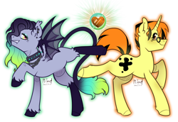 Size: 4288x2944 | Tagged: safe, artist:mitexcel, oc, oc only, oc:cora magics, oc:merille artienda, bat pony, pony, unicorn, adult blank flank, bat pony oc, best friends, blank flank, brown eyes, chains, choker, closed mouth, colored hooves, crystal, duo, ear fluff, ear piercing, ear tufts, earring, element of empathy, element of love, elements of compassion, eyeshadow, fangs, female, glasses, glowing, gradient mane, gradient tail, grin, horn, jewelry, leonine tail, lidded eyes, long mane, long tail, makeup, mare, multicolored eyes, nonbinary, orange mane, orange tail, piercing, punk, queerplatonic, short mane, short tail, sidecut, simple background, smiling, spiked choker, spread wings, tail, transparent background, transparent wings, unicorn oc, wings, yellow coat
