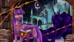 Size: 2560x1440 | Tagged: safe, artist:krapinkaius, tantabus, twilight sparkle, alicorn, pony, g4, arch, barbed wire, book, book of harmony, bookhorse, bookshelf, castle, constellation, duo, key, library, mare in the moon, melting, moon, twilight sparkle (alicorn)