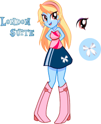 Size: 532x650 | Tagged: safe, artist:pandamoniyum, oc, oc only, oc:london suite, equestria girls, g4, boots, clothes, ear piercing, earring, equestria girls-ified, eyeshadow, hands behind back, high heel boots, hooped earrings, jewelry, makeup, open mouth, piercing, shirt, shoes, simple background, skirt, smiling, solo, text, transparent background