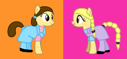 Size: 850x398 | Tagged: safe, artist:fantasygirls56, artist:goldilocksandthethreebears38, edit, oc, oc:margot lamb, oc:stephanie lamb, earth pony, pony, g4, braid, braided tail, clothes, cousin, cousins, dress, duo, duo female, female, kids, mare, orange background, overalls, pink background, ponified, ponytails, shirt, shoes, simple background, tail, tights