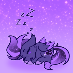 Size: 1000x1000 | Tagged: safe, artist:shad0w-galaxy, oc, oc only, oc:shadow galaxy, pegasus, pony, blushing, cheek fluff, cute, ear fluff, ethereal mane, female, folded wings, hooves, lying down, mare, onomatopoeia, pegasus oc, sleeping, smol, solo, sound effects, starry mane, starry tail, stars, tail, wings, zzz