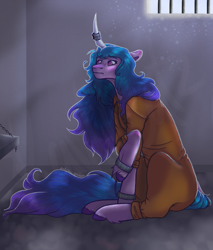 Size: 952x1119 | Tagged: safe, artist:kaylicat, izzy moonbow, pony, unicorn, g5, clothes, commissioner:rainbowdash69, cuffs, horn, horn ring, jail cell, jumpsuit, magic suppression, never doubt rainbowdash69's involvement, prison outfit, prisoner im, ring, sad, shackles, sitting, solo
