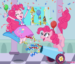 Size: 1000x850 | Tagged: safe, artist:gonicfanfic, pinkie pie, earth pony, human, equestria girls, g4, checkered floor, confetti, party cannon, pixel art, self paradox, self ponidox, smiling
