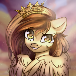 Size: 2000x2000 | Tagged: safe, artist:radioaxi, oc, oc only, oc:prince whateverer, pegasus, pony, crown, eyebrows, eyebrows visible through hair, high res, jewelry, looking at you, male, pegasus oc, regalia, signature, smiling, smiling at you, solo, stallion, wings