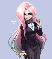 Size: 1791x2048 | Tagged: safe, artist:tsunqi, fluttershy, human, g4, blue background, clothes, dress, female, fluttergoth, humanized, lidded eyes, simple background, solo, ugh
