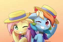 Size: 2400x1600 | Tagged: safe, artist:symbianl, fluttershy, rainbow dash, pegasus, pony, g4, blushing, boater, bowtie, bust, cheek fluff, clothes swap, colored eyebrows, colored underhoof, cute, daaaaaaaaaaaw, dashabetes, duo, duo female, ear fluff, eyebrows, female, floppy ears, frog (hoof), gradient background, grin, hat, heart, hoof heart, leg fluff, looking at you, mare, messy mane, one eye closed, shyabetes, signature, smiling, smiling at you, underhoof, wink, winking at you