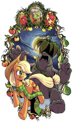 Size: 1389x2310 | Tagged: safe, artist:not-ordinary-pony, derpibooru exclusive, idw, apple bloom, applejack, big macintosh, granny smith, sass squash, earth pony, pony, g4, my little pony micro-series, spoiler:comicm06, apple, apple family, bust, clothes, cowboy hat, female, filly, foal, food, frame, hat, looking back, male, mare, moon, portrait, scarf, simple background, stallion, striped scarf, transparent background