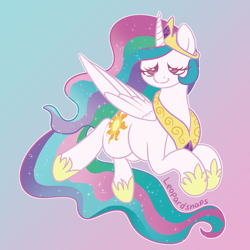 Size: 3000x3000 | Tagged: safe, artist:leopardsnaps, princess celestia, alicorn, pony, g4, crown, ethereal mane, female, gradient background, high res, jewelry, lidded eyes, lying down, mare, regalia, solo