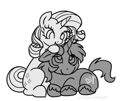 Size: 2336x1897 | Tagged: safe, artist:leopardsnaps, rarity, oc, oc:crystal nightshine, pony, unicorn, g4, cuddling, duo, female, horn, limited palette, male, petting, shipping, simple background, sketch, straight, transgender, transgender oc, unicorn oc, unshorn fetlocks, white background