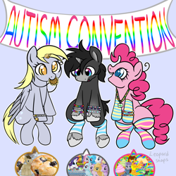 Size: 3000x3000 | Tagged: safe, artist:leopardsnaps, derpy hooves, pinkie pie, oc, oc:crystal nightshine, earth pony, pegasus, pony, unicorn, g4, accessory, arm warmers, autism, autistic derpy, autistic pinkie pie, banner, blaze (coat marking), bracelet, chew toy, chewing, clothes, coat markings, convention, cross-eyed, eating, facial markings, flower, food, gradient horn, gradient legs, hair accessory, hairpin, high res, horn, implied cheese sandwich, implied doctor whooves, implied mane six, implied maud pie, implied starlight glimmer, implied trixie, jewelry, kandi, lanyard, looking down, male, muffin, necklace, sitting, socks, speech bubble, stallion, stimming, striped socks, sunflower, talking, transgender, transgender oc, trio, unicorn oc, unshorn fetlocks