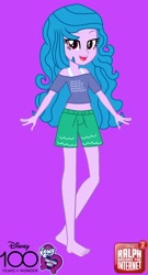 Size: 892x1656 | Tagged: safe, artist:robertsonskywa1, izzy moonbow, human, equestria girls, g4, g5, ariel, barefoot, clothes, disney, disney 100, disney princess, equestria girls-ified, fangirl, feet, female, g5 to equestria girls, g5 to g4, generation leap, photo, purple background, ralph breaks the internet, shirt, shorts, simple background, solo, text, the little mermaid