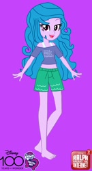 Size: 892x1656 | Tagged: safe, artist:robertsonskywa1, izzy moonbow, human, equestria girls, g4, g5, barefoot, clothes, disney, disney 100, disney princess, equestria girls-ified, fangirl, feet, female, g5 to equestria girls, g5 to g4, generation leap, photo, princess ariel, purple background, ralph breaks the internet, shirt, shorts, simple background, solo, text, the little mermaid