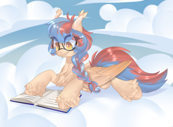 Size: 3800x2800 | Tagged: safe, artist:xvostik, oc, oc only, oc:dracey, pegasus, pony, book, braid, chest fluff, cloud, colored wings, ear fluff, glasses, gradient wings, high res, hoof fluff, lying down, pegasus oc, single fang, wings