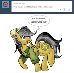 Size: 1280x1252 | Tagged: safe, artist:mad'n evil, daring do, pegasus, pony, series:the adventures of chubby daring do, g4, ask, butt, clothes, daring dollop, female, helmet, imminent wardrobe malfunction, large butt, shirt, simple background, solo, speech bubble, tumblr, weight gain sequence, white background, word bubble