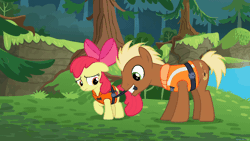 Size: 1920x1080 | Tagged: safe, screencap, apple bloom, meadow song, earth pony, pony, g4, on your marks, animated, female, filly, foal, gif, lifejacket, male, stallion