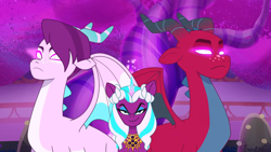 Size: 1920x1080 | Tagged: safe, screencap, jade (g5), lava (g5), opaline arcana, alicorn, dragon, pony, g5, my little pony: tell your tale, the rise and fall, spoiler:g5, spoiler:my little pony: tell your tale, spoiler:tyts01e67, dragoness, female, frown, male, mare, mind control, smiling, smirk, trio