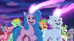 Size: 1920x1080 | Tagged: safe, edit, edited screencap, screencap, alphabittle blossomforth, izzy moonbow, plum library, shiny sparks, 莉芙, pony, unicorn, g5, my little pony: tell your tale, the rise and fall, spoiler:g5, spoiler:my little pony: tell your tale, spoiler:tyts01e67, animated, female, male, mare, reversed, stallion