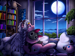 Size: 4261x3187 | Tagged: safe, artist:pridark, oc, oc only, oc:bipen, pegasus, pony, book, bookshelf, braid, full moon, moon, night, pegasus oc, pillow, plushie, race swap, solo, teddy bear, window