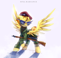 Size: 2100x2013 | Tagged: safe, artist:opal_radiance, spitfire, pegasus, pony, g4, british, camouflage, clothes, commission, female, gun, hat, high res, mare, raised hoof, rifle, simple background, soldier pony, solo, spread wings, sunglasses, weapon, white background, wings