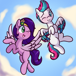 Size: 3000x3000 | Tagged: safe, artist:magician-horse, pipp petals, zipp storm, pegasus, pony, g5, adorapipp, adorazipp, blushing, cloud, colored wings, cute, diadem, duo, duo female, female, flying, grin, high res, jewelry, mare, multicolored wings, one eye closed, open mouth, open smile, regalia, royal sisters (g5), siblings, sisters, sky, smiling, spread wings, wingding eyes, wings, wink