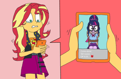 Size: 3613x2357 | Tagged: safe, artist:bugssonicx, sci-twi, sunset shimmer, twilight sparkle, human, equestria girls, g4, bondage, bound and gagged, cleave gag, cloth gag, crying, emoji, female, gag, high res, implied lesbian, implied scitwishimmer, implied shipping, kidnapped, phone, scared, tied up, worried